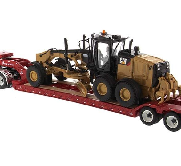 International HX520 Tandem Tractor w/XL 120 Trailer (Red) w/CAT 12M3 Motor Grader Load