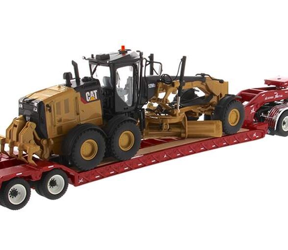 International HX520 Tandem Tractor w/XL 120 Trailer (Red) w/CAT 12M3 Motor Grader Load