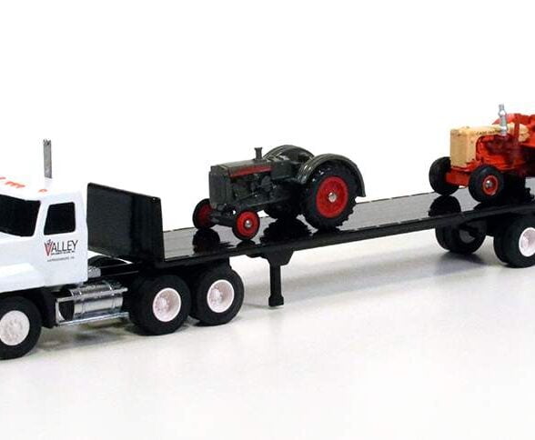 Mack CH-600 Day Cab (White) “Valley Implement Sales” w/Flatbed & Two (2) Case Tractors